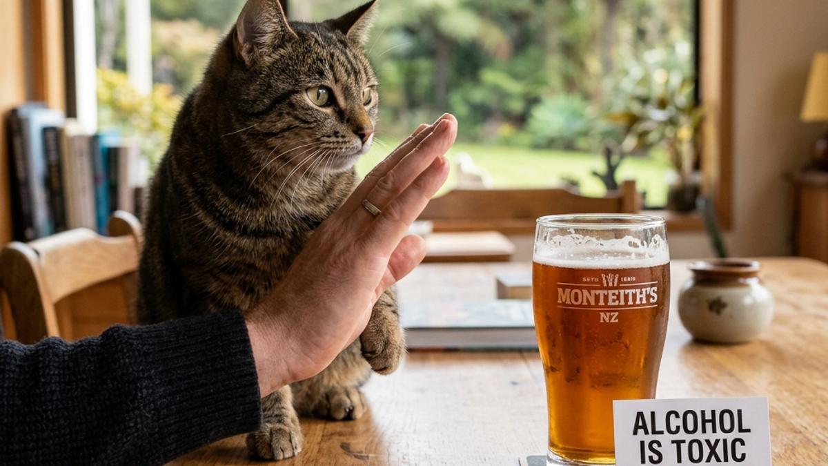 An owner's hand blocking a cat from a glass of beer next to an alcohol toxic warning card