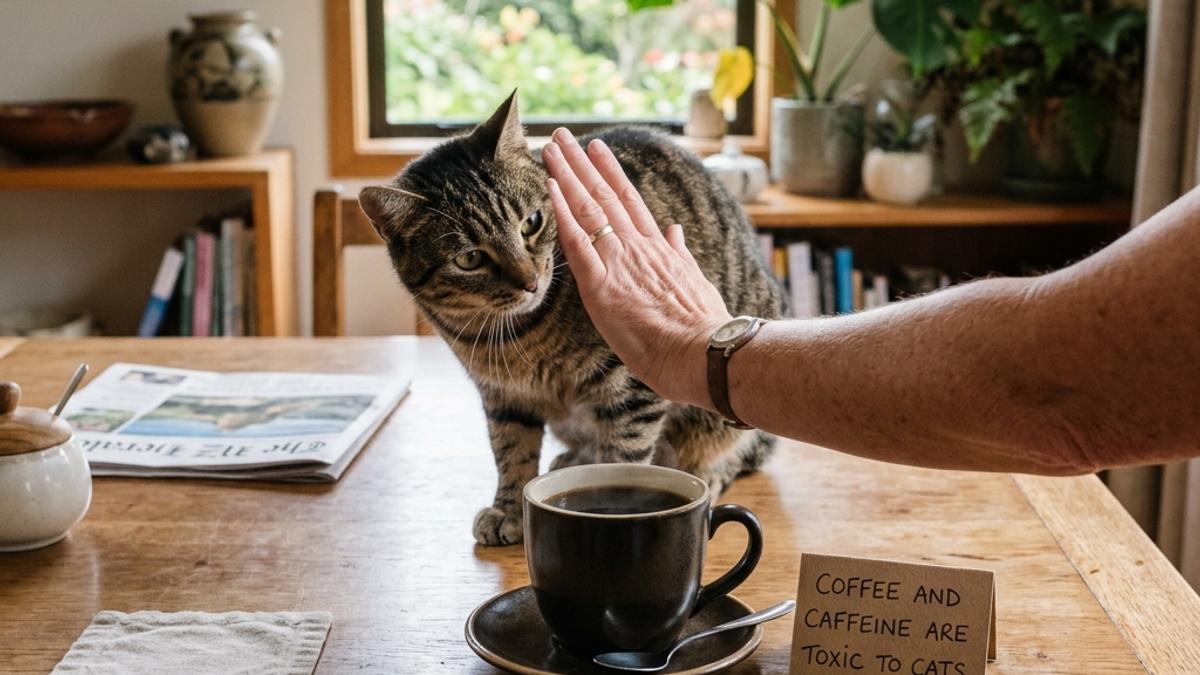 An owner's hand blocking a cat from a cup of coffee next to a warning card