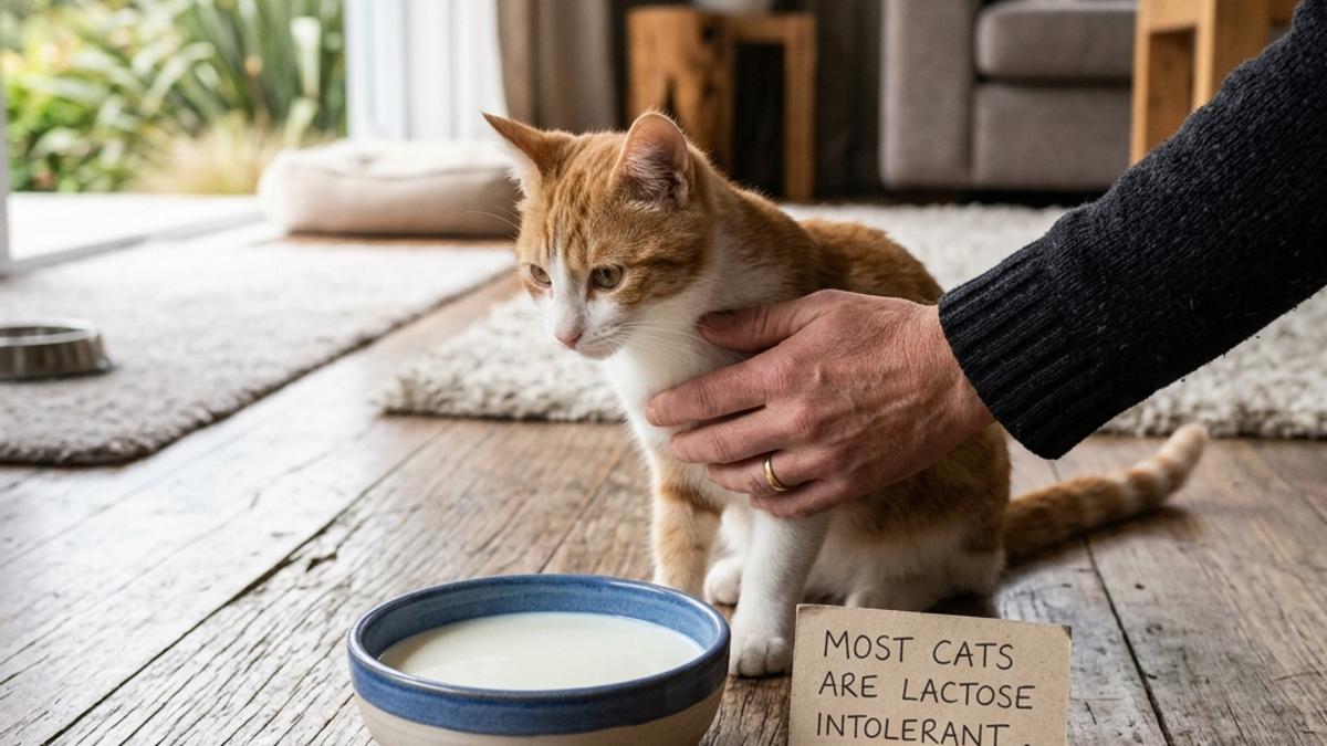 An owner's hand blocking a cat from a bowl of milk with a card stating cats are lactose intolerant