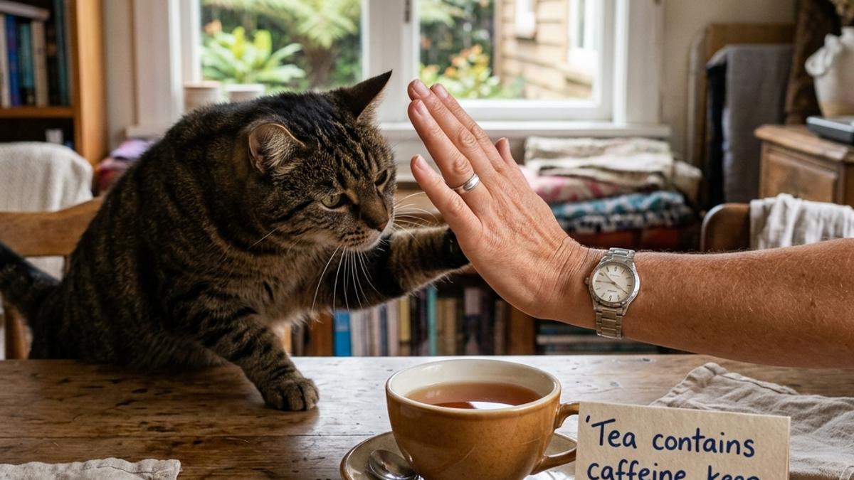 An owner's hand blocking a cat from a cup of tea next to a warning card