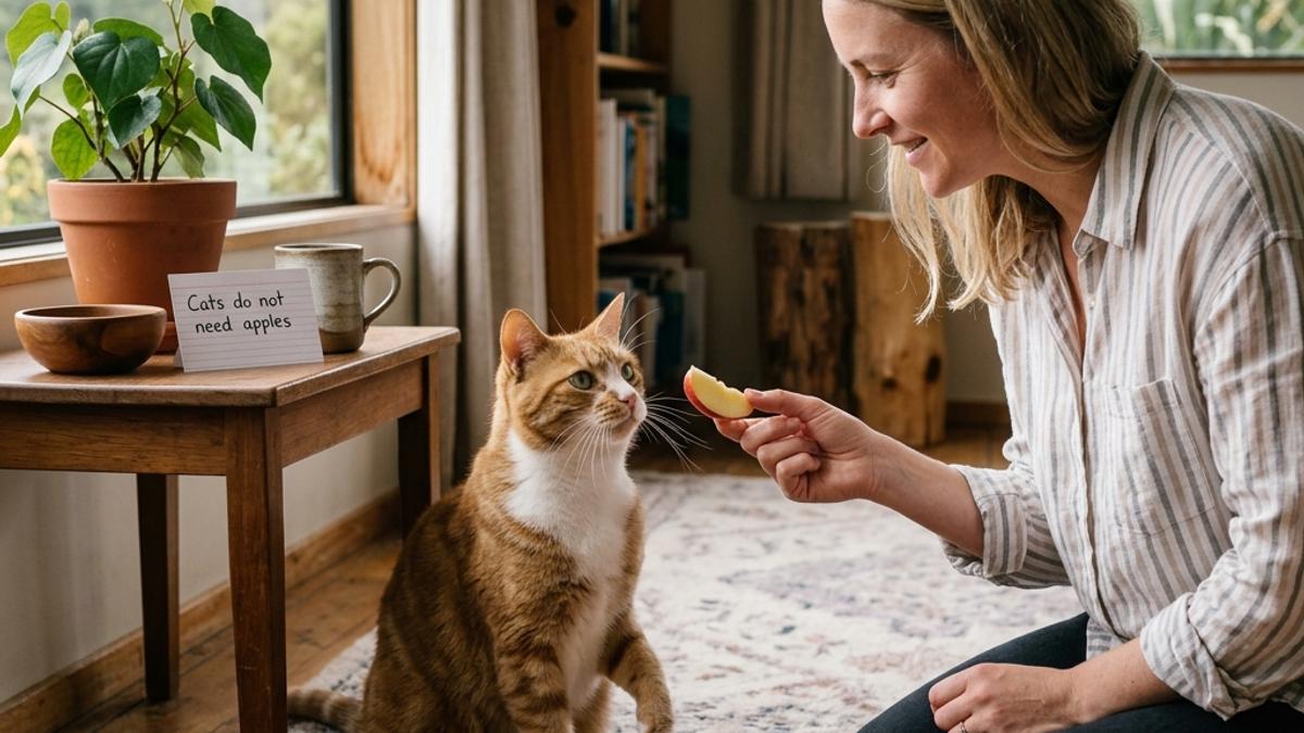An owner offering a small slice of apple to a curious cat next to a card
