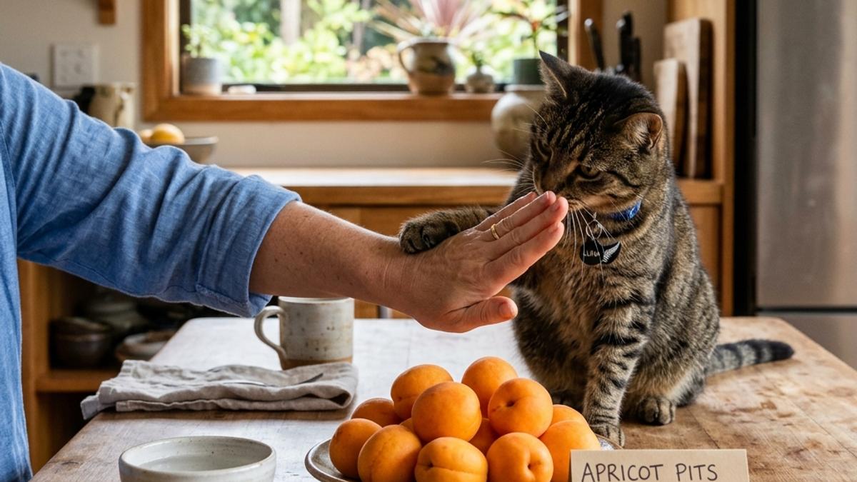 An owner's hand blocking a cat from a plate of fresh apricots next to a toxic warning card