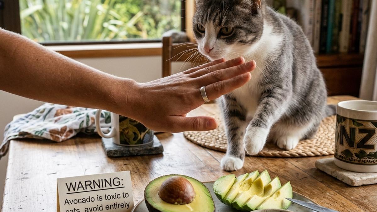 An owner's hand blocking a cat from a sliced avocado next to a toxic warning card