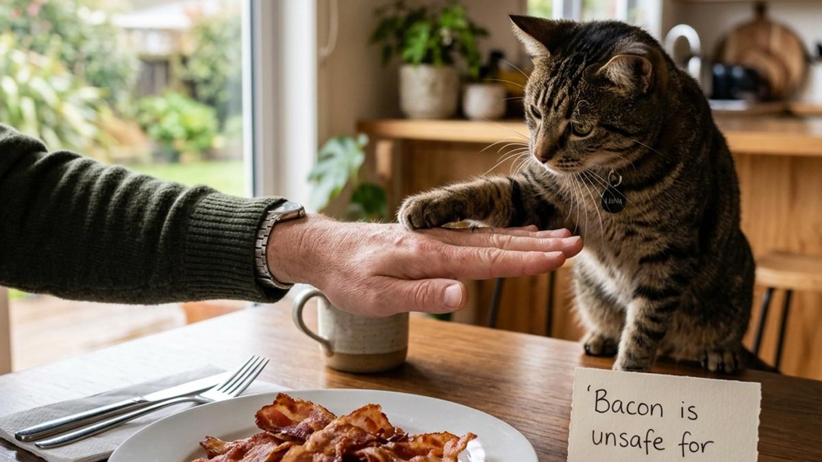 An owner's hand blocking a cat from a plate of bacon next to a warning card