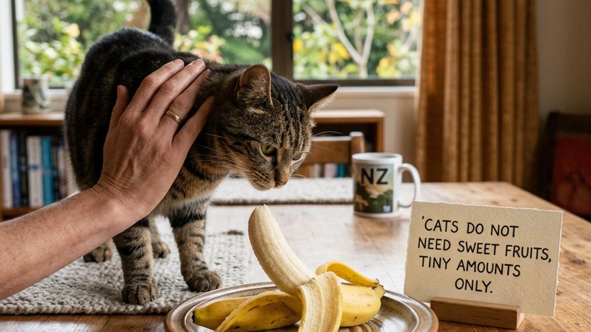 An owner's hand blocking a cat from a peeled banana on a table next to a warning card