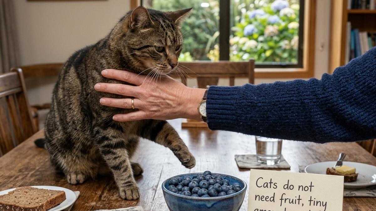 An owner's hand blocking a cat from a bowl of blue blueberries on a dining table