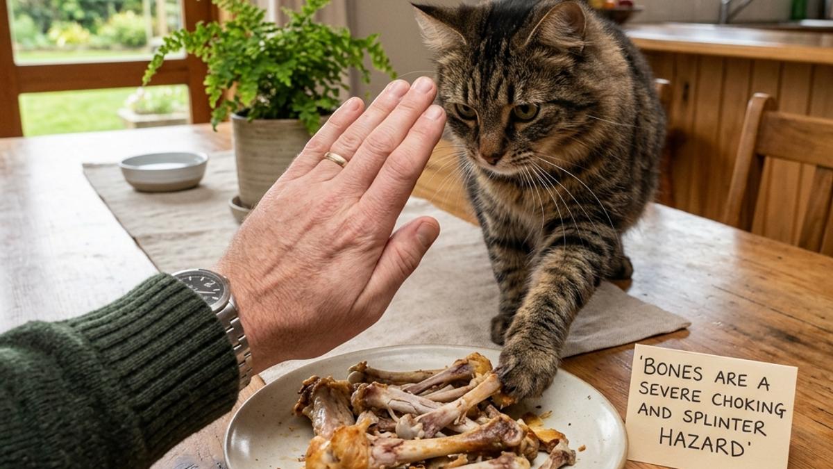 An owner's hand blocking a cat from a plate of cooked animal bones next to a warning card
