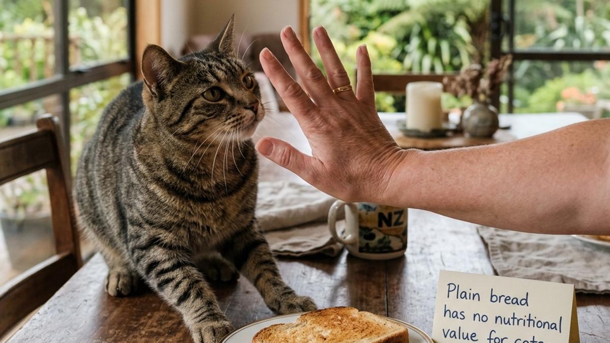 An owner's hand blocking a cat from a slice of baked plain bread on a table