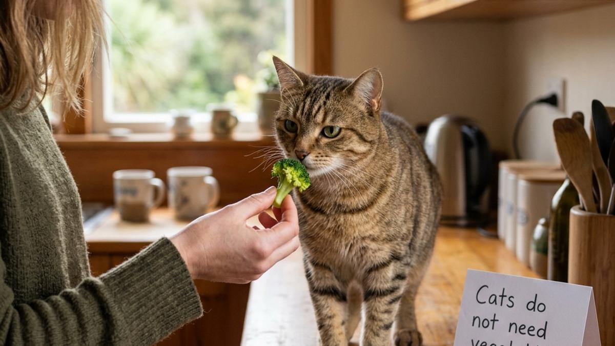 A tabby cat smelling a cooked broccoli next to an info card