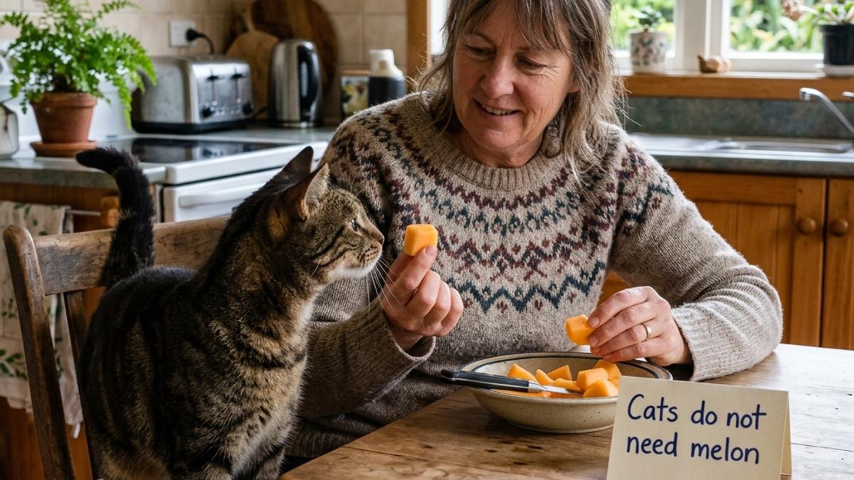 An owner offering a piece of orange cantaloupe melon to a tabby cat next to a card