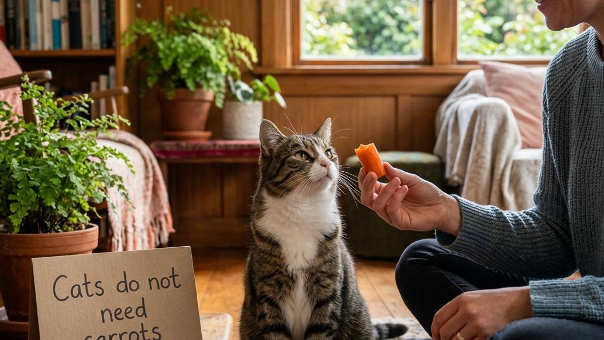 An owner offering a piece of cooked carrot to a tabby cat next to an info card