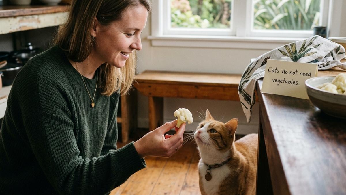 An owner offering a piece of cooked cauliflower to a ginger cat next to an info card