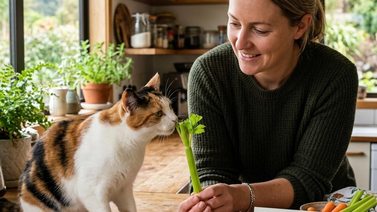 An owner offering a celery stick to a calico cat on a wooden table next to an info card