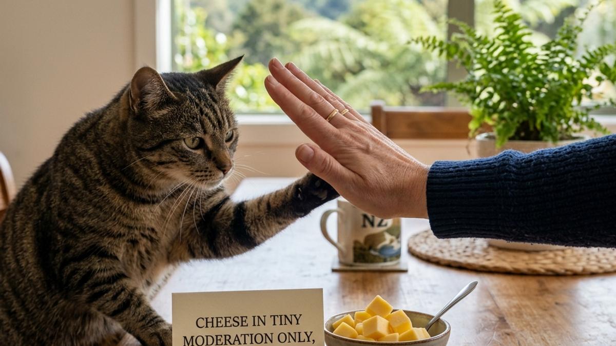 An owner's hand blocking a cat from cheese cubes on a table with a warning card