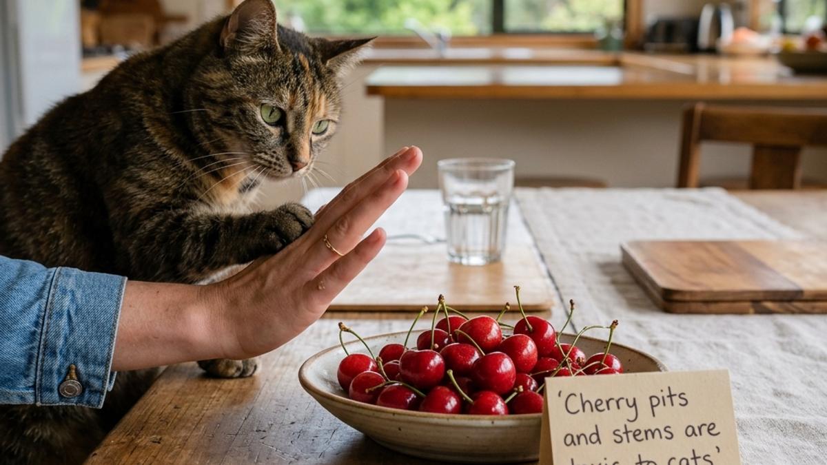 An owner's hand blocking a cat from a plate of fresh red cherries next to a toxic warning card