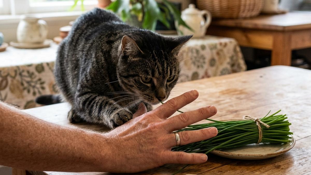 An owner's hand blocking a cat from fresh chives next to a warning card
