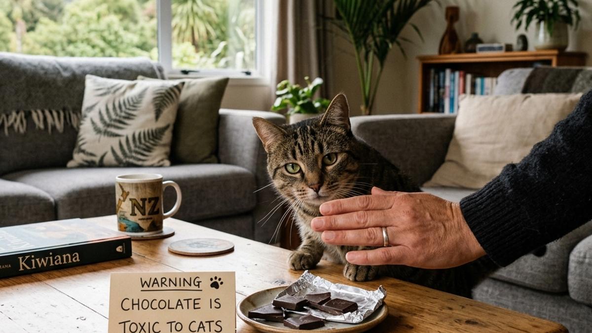 An owner's hand blocking a cat from chocolate pieces on a coffee table with a warning card