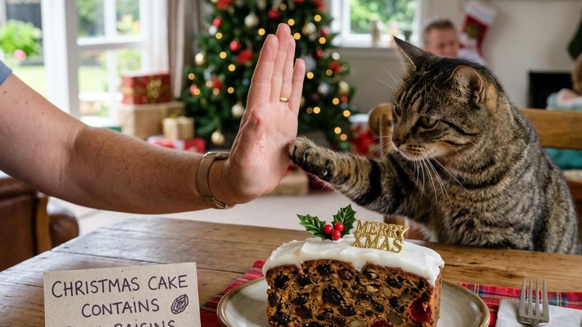 An owner's hand blocking a cat from a plate of Christmas cake next to a warning card