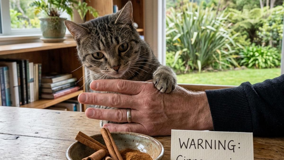 An owner's hand blocking a cat from a small bowl of cinnamon powder next to a warning card