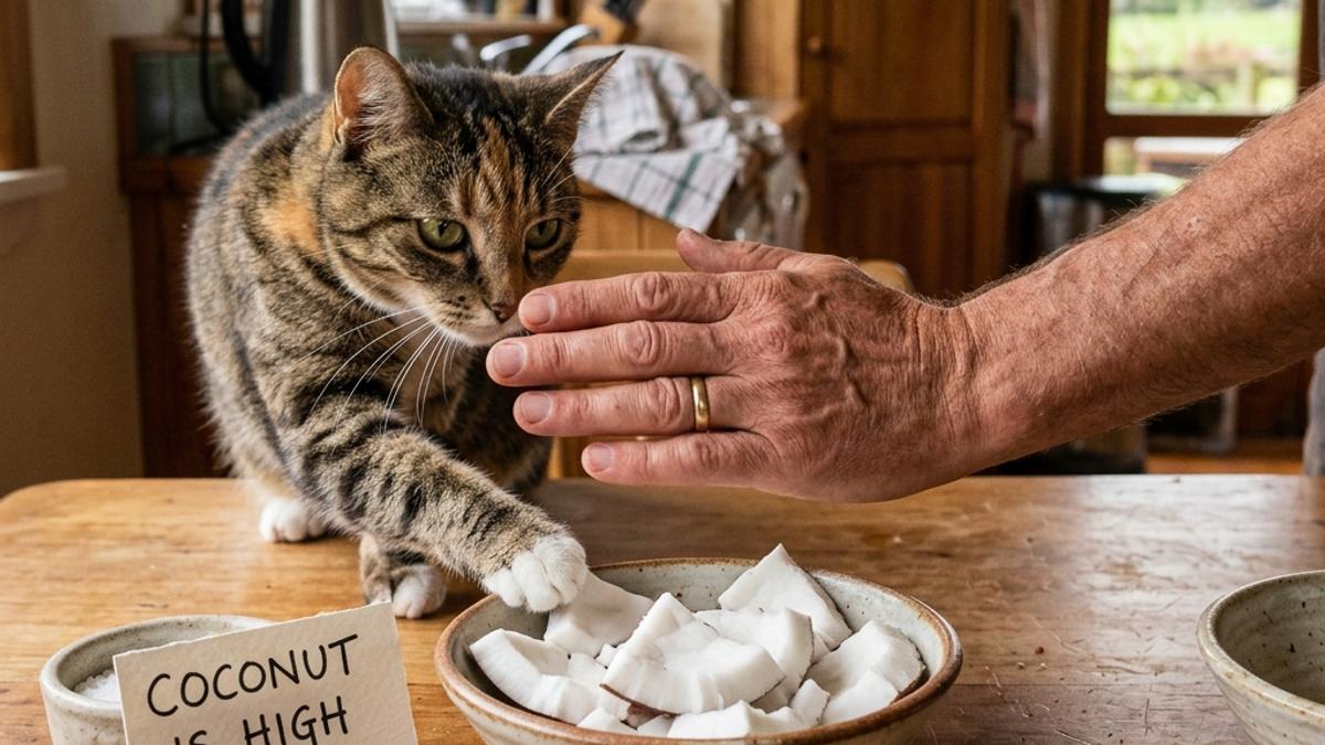 An owner's hand blocking a cat from a bowl of coconut pieces next to an info card