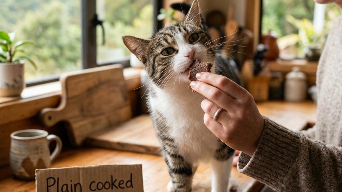 A tabby cat eating a piece of cooked beef from owner's hand next to a card