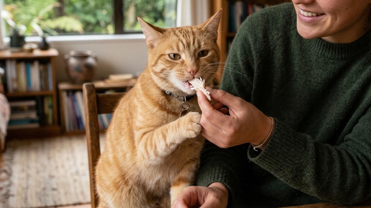 A ginger tabby cat eating a piece of cooked chicken breast from owner's hand next to a card