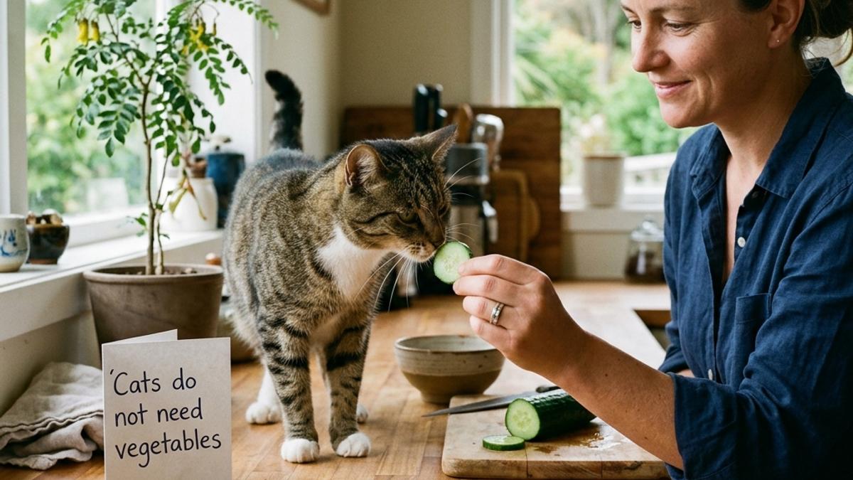 An owner offering a fresh cucumber slice to a tabby cat next to an info card