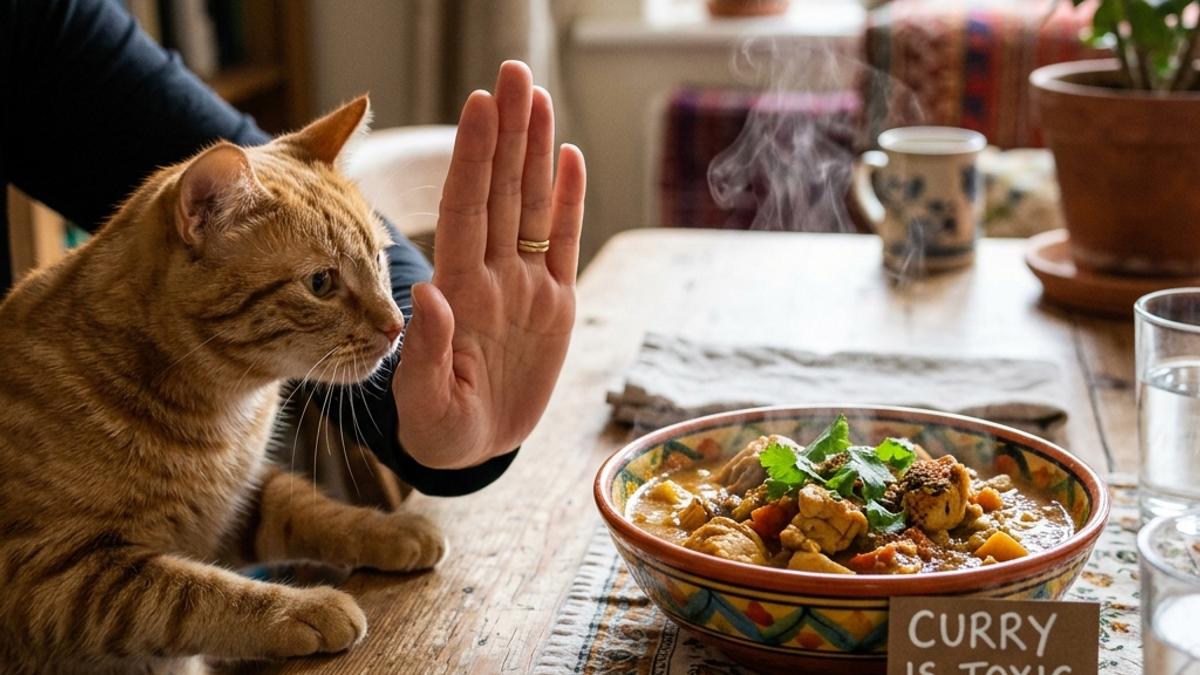 An owner's hand blocking a cat from a bowl of hot curry next to a warning card