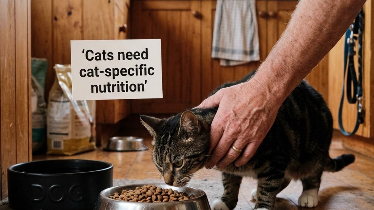 An owner's hand blocking a cat from eating out of a dog's food bowl in a kitchen