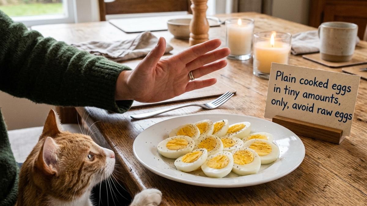 An owner's hand blocking a cat from a plate of sliced hard-boiled eggs on a dining table