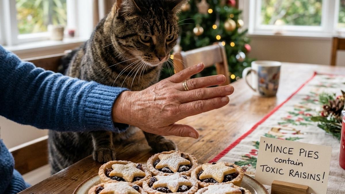 An owner's hand blocking a cat from a plate of fruit mince pies next to a warning card