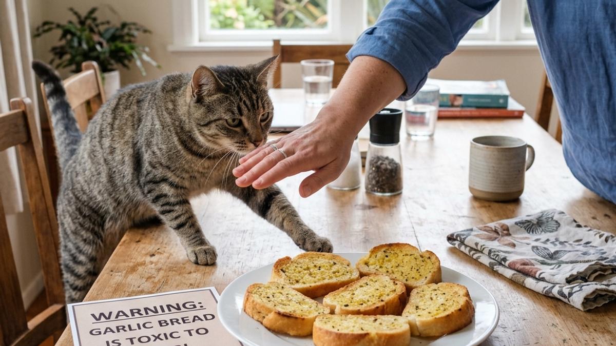 An owner's hand blocking a cat from a plate of garlic bread next to a warning card