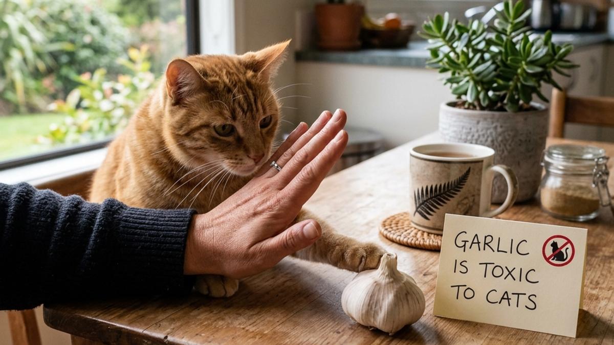An owner's hand blocking a cat from a garlic bulb next to a warning card