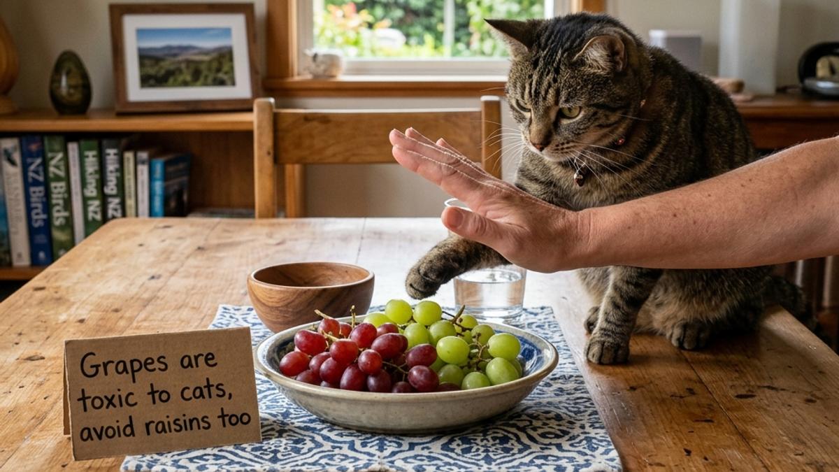 An owner's hand blocking a cat from a plate of red and green grapes next to a warning card