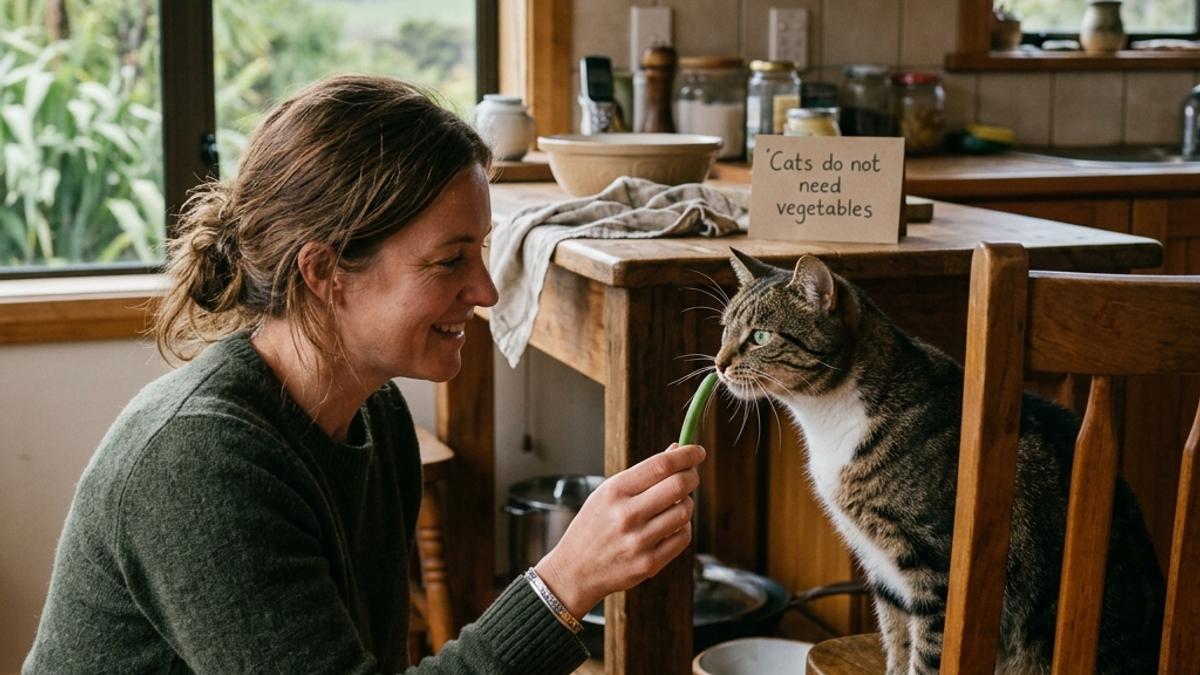 An owner offering a green bean to a tabby cat sitting on a chair next to an info card