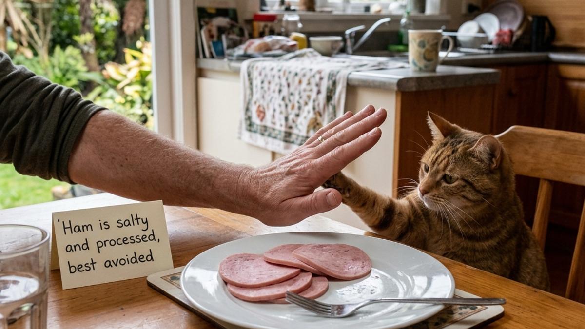 An owner's hand blocking a cat from a plate of sliced processed ham on a table
