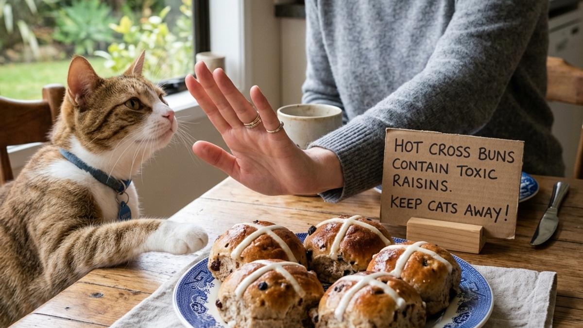 An owner's hand blocking a cat from a plate of hot cross buns next to a warning card