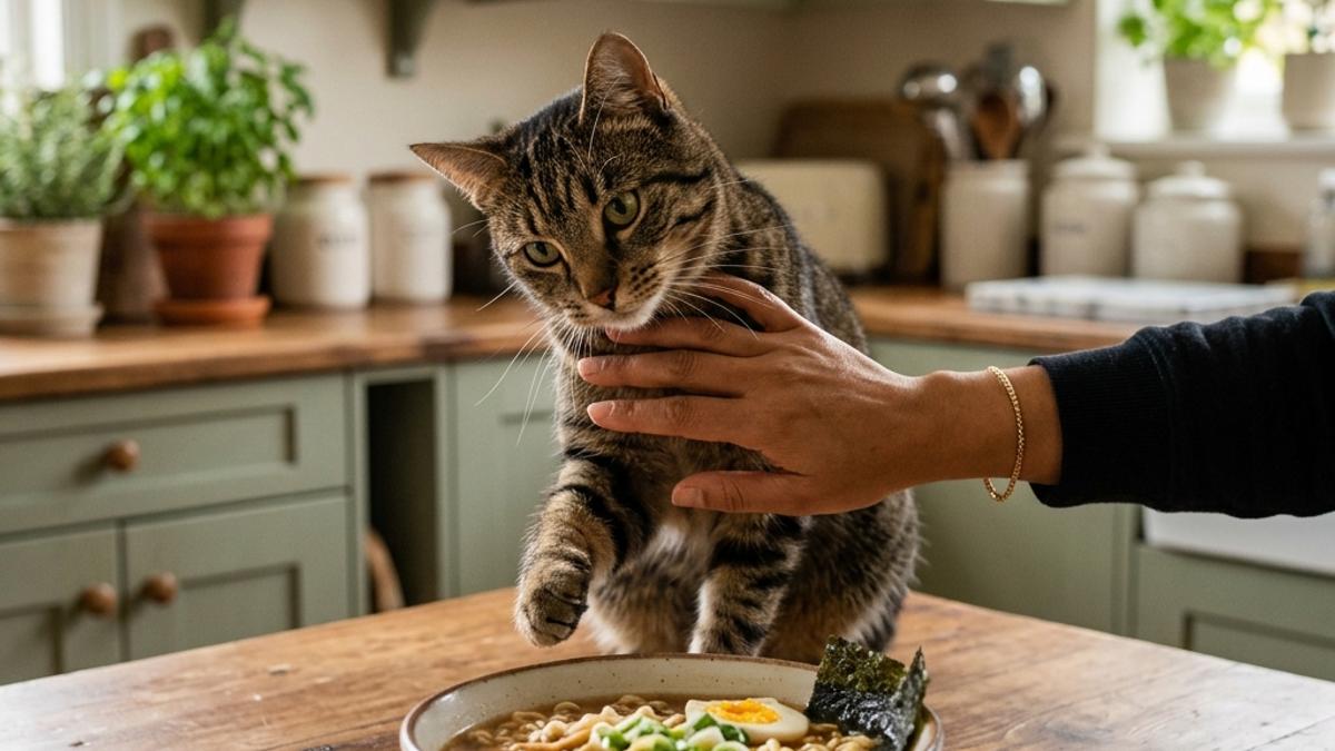 A domestic tabby cat looking at a bowl of hot instant ramen noodles on a kitchen table, with an owner's hand gently blocking it