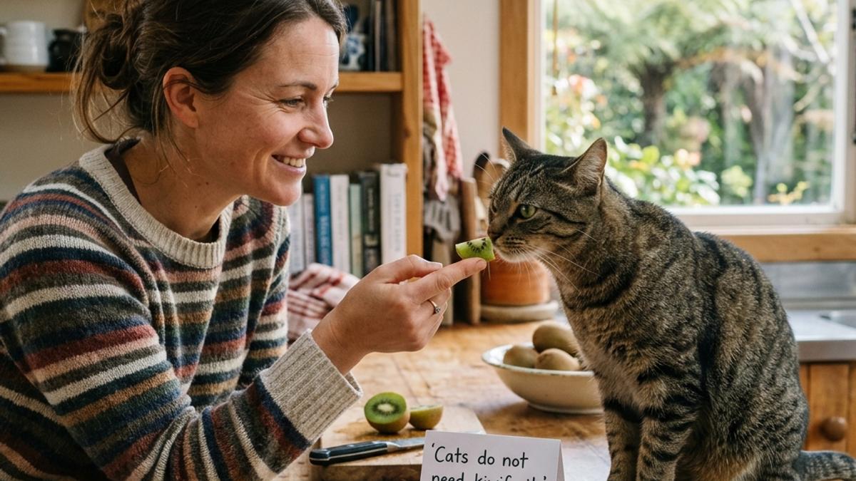 An owner offering a slice of green kiwifruit to a tabby cat next to a card
