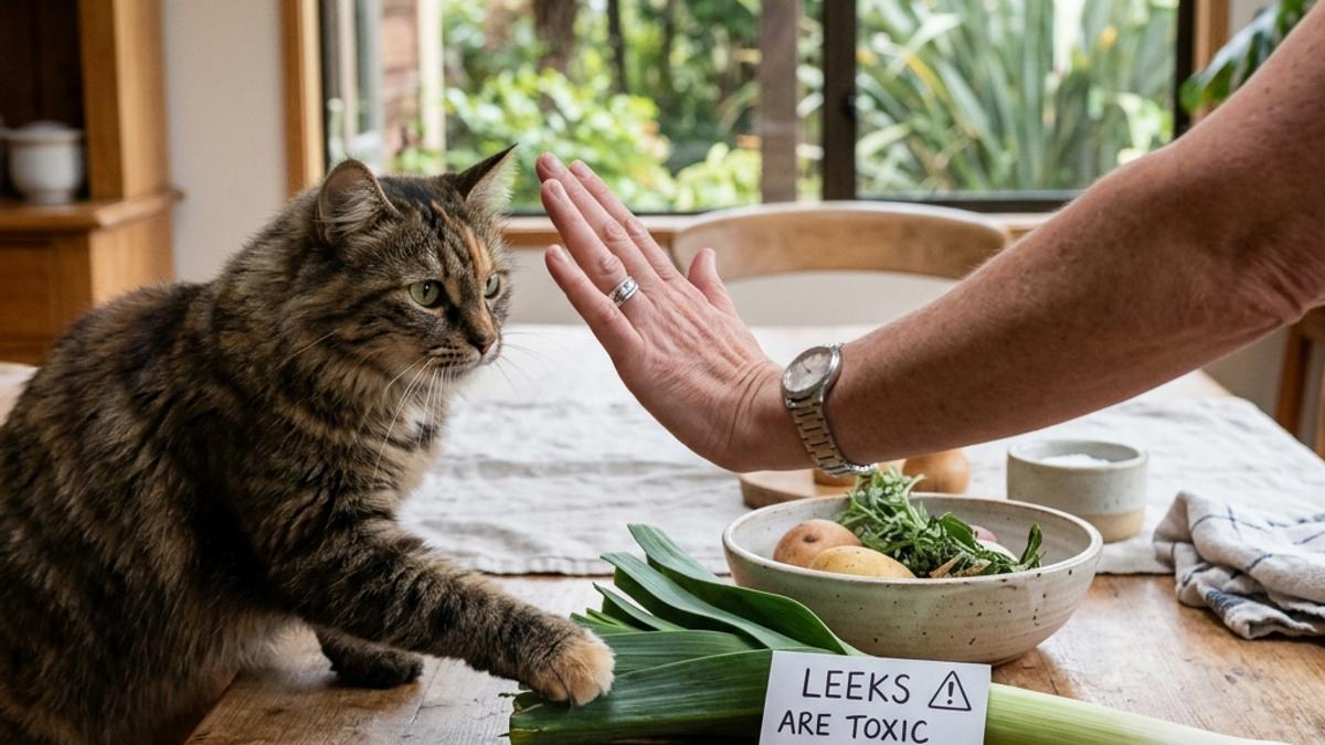 An owner's hand blocking a cat from a fresh leek next to a warning card