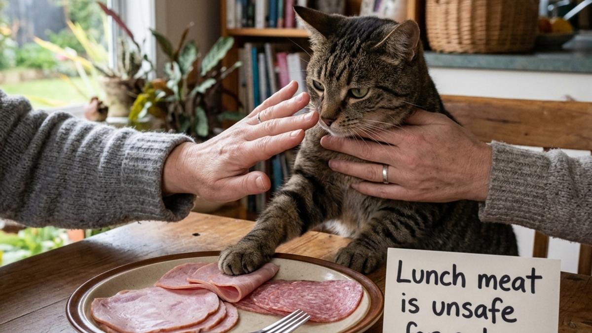 An owner's hand blocking a cat from a plate of processed lunch meat next to a warning card
