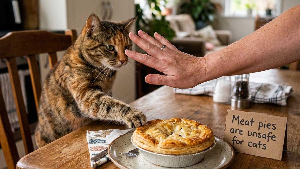 An owner's hand blocking a cat from a traditional meat pie next to a warning card
