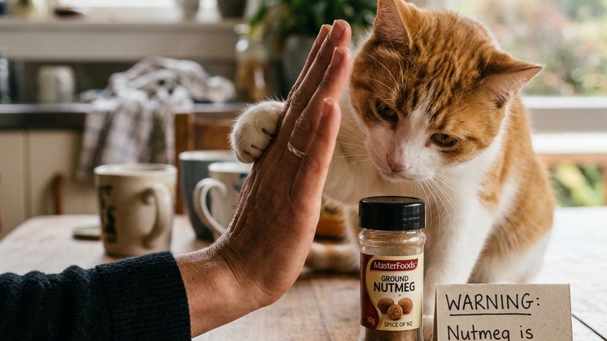 An owner's hand blocking a cat from a jar of nutmeg next to a warning card