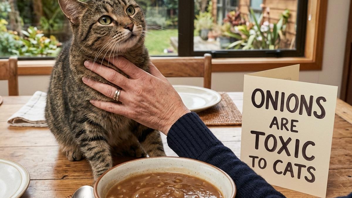 An owner's hand blocking a cat from a bowl of onion gravy next to a warning card