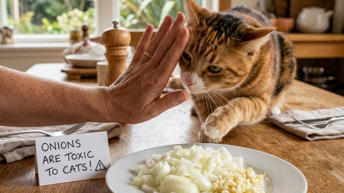 An owner's hand blocking a cat from chopped onions and garlic on a plate with a warning card