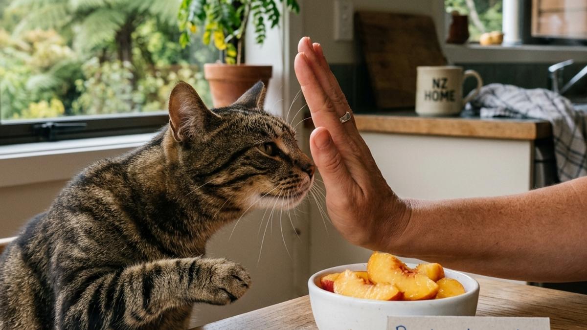 An owner's hand blocking a cat from a bowl of sliced fresh peach flesh next to a warning card