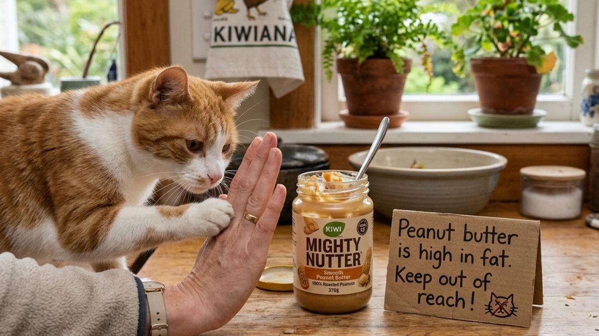 An owner's hand blocking a cat from a jar of peanut butter next to a warning card