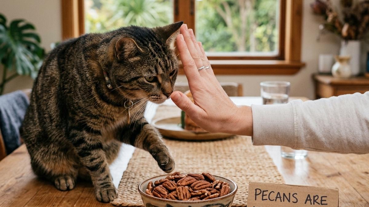 An owner's hand blocking a cat from a bowl of pecans next to a warning card
