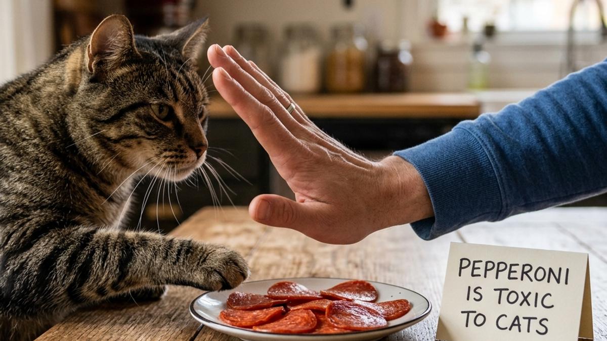 An owner's hand blocking a cat from a plate of pepperoni slices next to a warning card