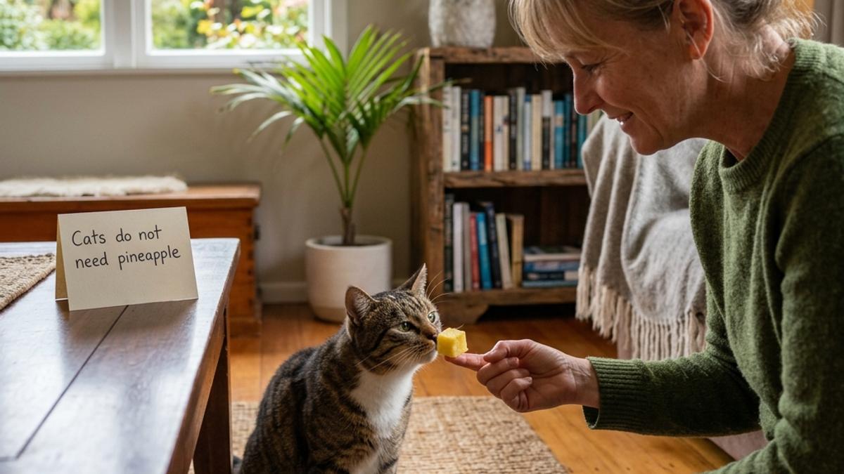 An owner offering a small piece of pineapple to a tabby cat next to an info card